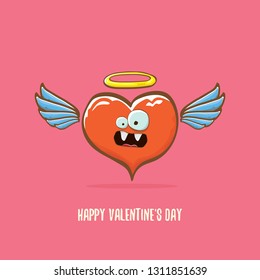 Vector Valentines day greeting card with funny cartoon heart character with wings and holy angel golden nimbus isolated on pink background. Conceptual valentines day comic funky kids poster