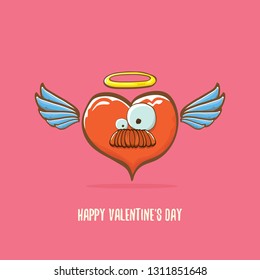 Vector Valentines day greeting card with funny cartoon heart character with wings and holy angel golden nimbus isolated on pink background. Conceptual valentines day comic funky kids poster