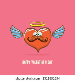 Vector Valentines day greeting card with funny cartoon heart character with wings and holy angel golden nimbus isolated on pink background. Conceptual valentines day comic funky kids poster