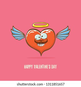 Vector Valentines day greeting card with funny cartoon heart character with wings and holy angel golden nimbus isolated on pink background. Conceptual valentines day comic funky kids poster
