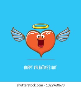 Vector Valentines day greeting card with funny cartoon heart character with wings and holy angel golden nimbus isolated on blue background. Conceptual valentines day comic funky kids poster