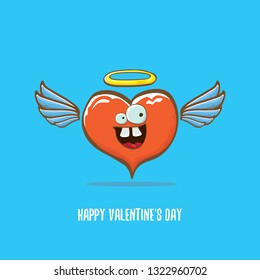 Vector Valentines day greeting card with funny cartoon heart character with wings and holy angel golden nimbus isolated on blue background. Conceptual valentines day comic funky kids poster