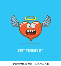 Vector Valentines day greeting card with funny cartoon heart character with wings and holy angel golden nimbus isolated on blue background. Conceptual valentines day comic funky kids poster