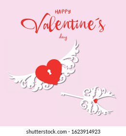 Vector Valentines day greeting card or banner with a lock in the shape of a heart, wings, key. 