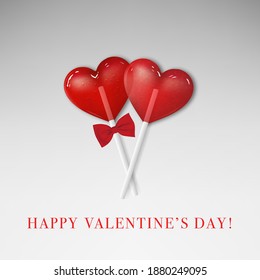 Vector Valentines day greeting card with red hearts. Two red lollipops, 3D illustration