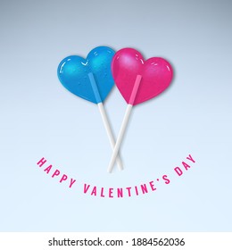 Vector Valentine's day greeting card with red hearts. Two red lollipops, 3D illustration