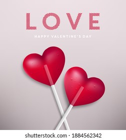 Vector Valentine's day greeting card with red hearts. Two red lollipops, 3D illustration