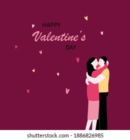 Vector Valentine's day greeting card. Flat illustration with couple in love, inscription and decorative hearts. Enamored guy and girl hug and kiss. 