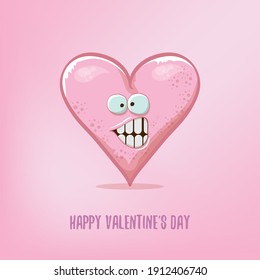Vector Valentines day greeting card with funny cartoon heart character isolated on soft pink background. Conceptual valentines day comic funky kids poster or banner with funky heart