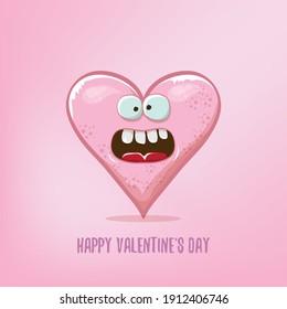 Vector Valentines day greeting card with funny cartoon heart character isolated on soft pink background. Conceptual valentines day comic funky kids poster or banner with funky heart