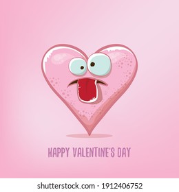 Vector Valentines day greeting card with funny cartoon heart character isolated on soft pink background. Conceptual valentines day comic funky kids poster or banner with funky heart