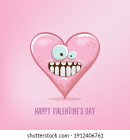 Vector Valentines day greeting card with funny cartoon heart character isolated on soft pink background. Conceptual valentines day comic funky kids poster or banner with funky heart