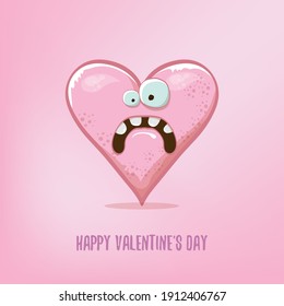 Vector Valentines day greeting card with funny cartoon heart character isolated on soft pink background. Conceptual valentines day comic funky kids poster or banner with funky heart