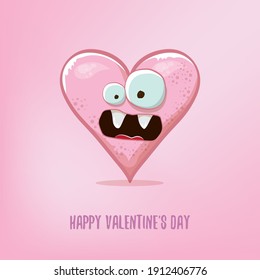 Vector Valentinstag Grußkarte mit lustigem Cartoon-Herzcharakter einzeln auf weichem rosafarbenem Hintergrund. Concept valentines Day-Comic-Funky-Poster oder Banner mit trendigem Herzen