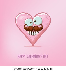 Vector Valentines day greeting card with funny cartoon heart character isolated on soft pink background. Conceptual valentines day comic funky kids poster or banner with funky heart