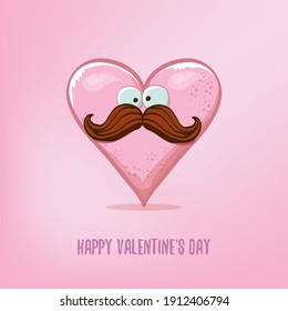 Vector Valentines day greeting card with funny cartoon heart character isolated on soft pink background. Conceptual valentines day comic funky kids poster or banner with funky heart