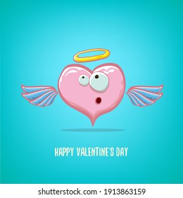 Vector Valentines day greeting card with funny cartoon pink heart character with wings and holy angel golden nimbus isolated on turquoise background. Conceptual valentines day comic funky kids poster