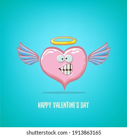 Vector Valentines day greeting card with funny cartoon pink heart character with wings and holy angel golden nimbus isolated on turquoise background. Conceptual valentines day comic funky kids poster