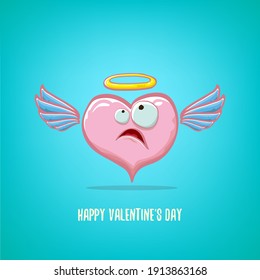 Vector Valentines day greeting card with funny cartoon pink heart character with wings and holy angel golden nimbus isolated on turquoise background. Conceptual valentines day comic funky kids poster