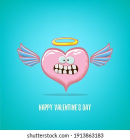 Vector Valentines day greeting card with funny cartoon pink heart character with wings and holy angel golden nimbus isolated on turquoise background. Conceptual valentines day comic funky kids poster