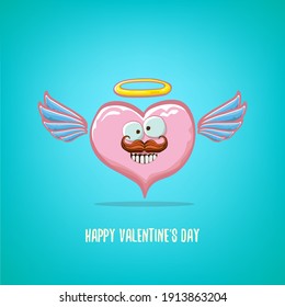 Vector Valentines day greeting card with funny cartoon pink heart character with wings and holy angel golden nimbus isolated on turquoise background. Conceptual valentines day comic funky kids poster