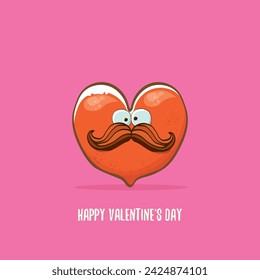 Vector Valentines day greeting card with funny cartoon heart character isolated on pink background. Conceptual valentines day comic funky kids poster or banner