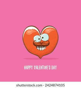 Vector Valentines day greeting card with funny cartoon heart character isolated on pink background. Conceptual valentines day comic funky kids poster or banner