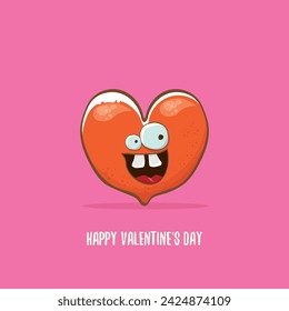 Vector Valentines day greeting card with funny cartoon heart character isolated on pink background. Conceptual valentines day comic funky kids poster or banner