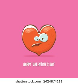 Vector Valentines day greeting card with funny cartoon heart character isolated on pink background. Conceptual valentines day comic funky kids poster or banner