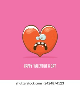 Vector Valentines day greeting card with funny cartoon heart character isolated on pink background. Conceptual valentines day comic funky kids poster or banner