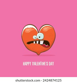 Vector Valentines day greeting card with funny cartoon heart character isolated on pink background. Conceptual valentines day comic funky kids poster or banner