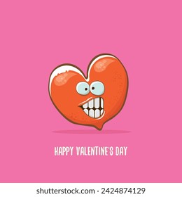 Vector Valentines day greeting card with funny cartoon heart character isolated on pink background. Conceptual valentines day comic funky kids poster or banner