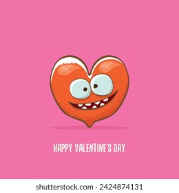 Vector Valentines day greeting card with funny cartoon heart character isolated on pink background. Conceptual valentines day comic funky kids poster or banner