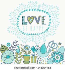 Vector Valentine's Day Greeting card with flowers and birds. Vector romantic  frame with floral elements.