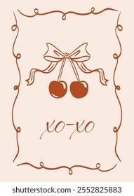 Vector Valentine's Day greeting card in vintage and elegant coquette aesthetics.  Illustration of a romantic flyer two cherry with a bow in a ribbon frame with the words Xo-xo.