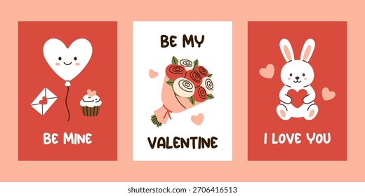 Tarjeta de felicitación del día de San Valentín del Vector. Globo de corazón, carta, cupcake, ramo, conejito con corazón. Carteles románticos lindos del amor para el día de fiesta, el regalo, la celebración, y la colección festiva en estilo plano.