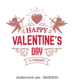 Vector Valentines day greeting card with typography, cupids and ornaments. Vintage style card.