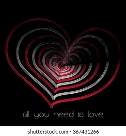 Vector valentines day greeting card gift with shaded multiple repeating red and white hearts on black background