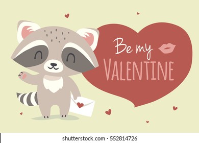 vector Valentine's day greeting card illustration with cartoon style raccoon