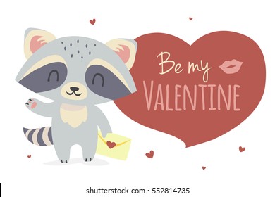 vector Valentine's day greeting card illustration with cartoon style raccoon