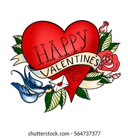 Vector Valentines Day Grußkarte mit Herz, gemacht in klassischem alten Schule Tattoostil. Farbiges Retro-Design einzeln auf weißem Hintergrund. Mit Farbverlauf-Maschen hergestellt