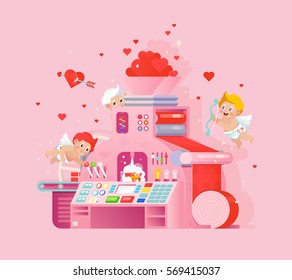 Vector Valentines day greeting card with cupids workplace love gift factory. Creative valentine card design. Cupid shoots a heart bow on pink background. Love print with conveyor machine process