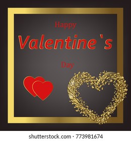 vector of Valentine`s day greeting card with gold glitter heart, gold frame, couple of red hearts and words happy Valentine`s day  on dark background