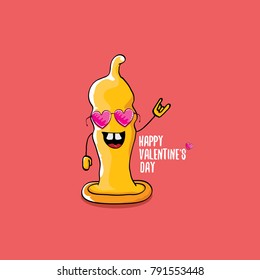 Vector Valentines day greeting card with funny cartoon cool orange condom character and calligraphic greeting text on pink background.  Conceptual valentines day poster