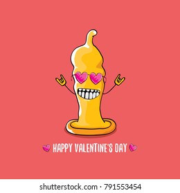 Vector Valentines day greeting card with funny cartoon cool orange condom character and calligraphic greeting text on pink background.  Conceptual valentines day poster