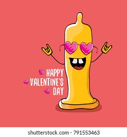 Vector Valentines day greeting card with funny cartoon cool orange condom character and calligraphic greeting text on pink background.  Conceptual valentines day poster