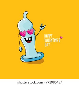 Vector Valentines day greeting card with funny cartoon cool blue condom character and calligraphic greeting text on orange background. Conceptual valentines day poster
