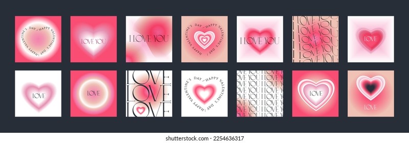 Vector Valentine's Day greeting cards in gradient colors and hearts  Collection modern y2k aesthetic printable quirky typography designs  Soft feminine vintage feel  Aura print templates