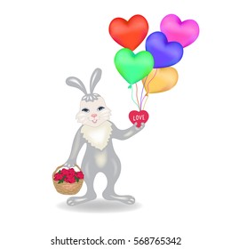 vector of valentine`s day greeting.rabbit with roses and hearts balloons