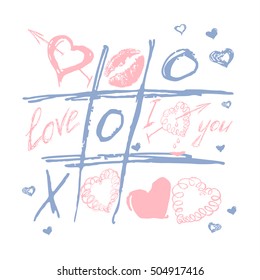Vector valentines day hand drawn background with doodle hearts, lips. Love  tic tac toe